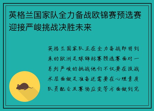英格兰国家队全力备战欧锦赛预选赛迎接严峻挑战决胜未来