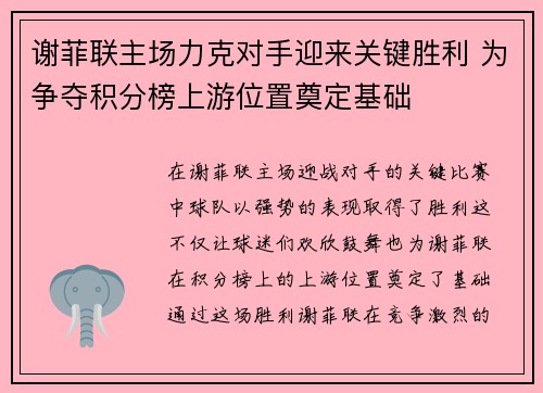 谢菲联主场力克对手迎来关键胜利 为争夺积分榜上游位置奠定基础