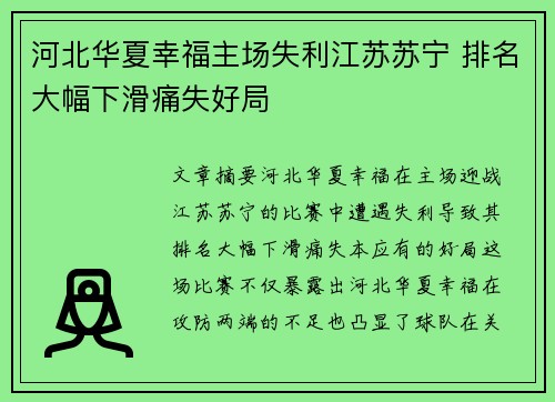 河北华夏幸福主场失利江苏苏宁 排名大幅下滑痛失好局