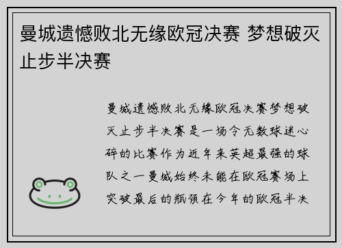 曼城遗憾败北无缘欧冠决赛 梦想破灭止步半决赛