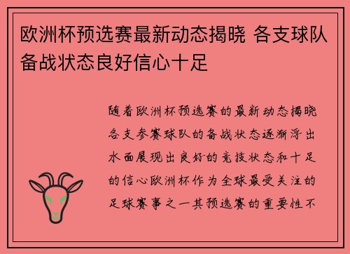欧洲杯预选赛最新动态揭晓 各支球队备战状态良好信心十足
