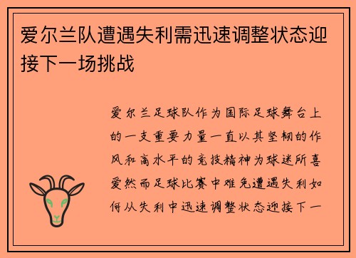 爱尔兰队遭遇失利需迅速调整状态迎接下一场挑战