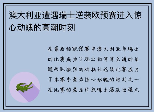 澳大利亚遭遇瑞士逆袭欧预赛进入惊心动魄的高潮时刻