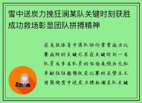 雪中送炭力挽狂澜某队关键时刻获胜成功救场彰显团队拼搏精神
