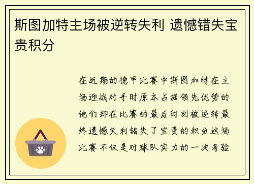 斯图加特主场被逆转失利 遗憾错失宝贵积分